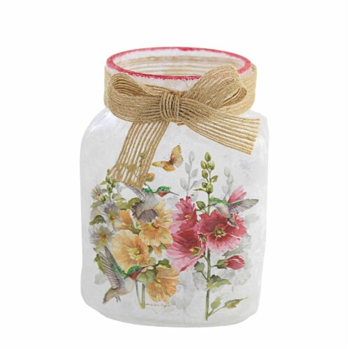 Stony Creek Hollyhocks Lit Jar With Bow Flowers Electric Mother's Day Llh2272 Yellow Perspective: front