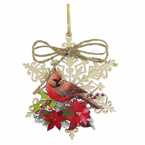 Holiday Ornament Cardinal Snowflake Wood Poinsettia Red Bird 135066 Left Perspective: front
