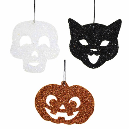 Bethany Lowe 2.5 Inches Spooky Silhouette Set Of 3 Tin Halloween Cat Pumpkin Skull TF9136 Perspective: front