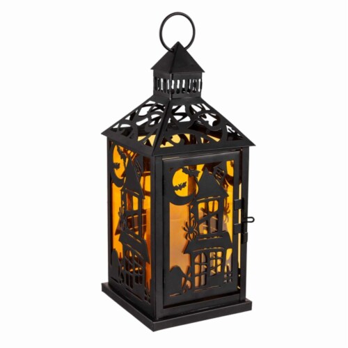 Halloween Led Metal Lantern Metal Stacked Pumpkin Haunted House 8Led593 House Perspective: front
