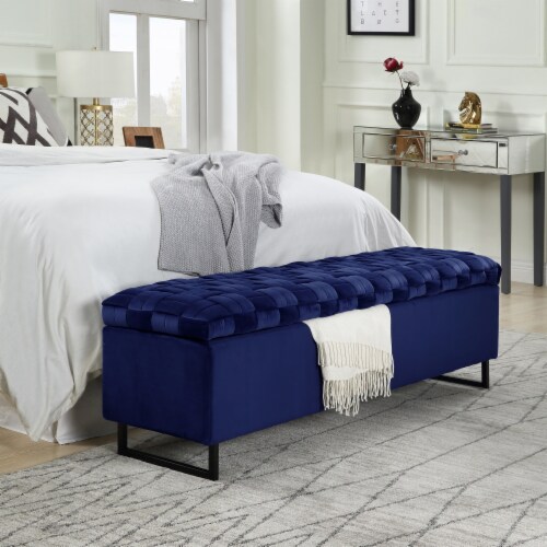 Danielle Rectangular Storage Bench Navy Velvet Upholstered Hand