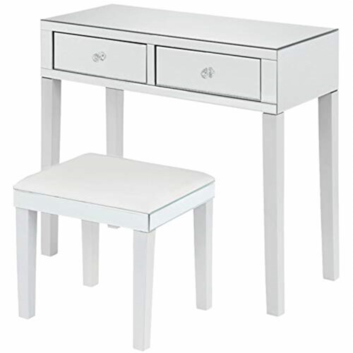 Caleb Mirrored White Vanity Set - 2 Drawers - 2 Piece Set in White - Posh Living Perspective: front