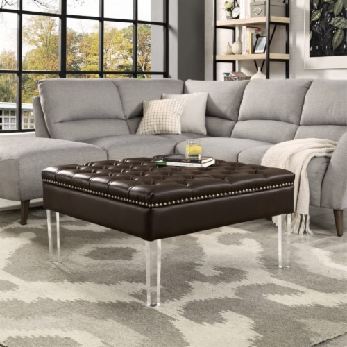 Luke Espresso PU Leather Ottoman - Oversized - Tufted - Acrylic Legs in Espresso - Posh Perspective: front