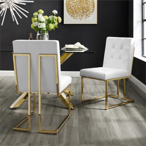 Posh Living Evan Faux Leather Dining Side Chair in White Gold Set