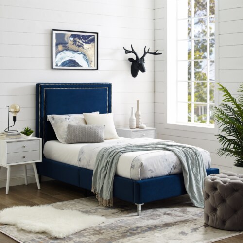 Valentina Velvet Platform Bedframe-Nailhead Trim-King- Queen- Full- Twin Size-Inspired Home Perspective: front