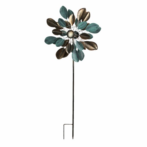 Copper and Verdigris Leaf-Shaped Double Pinwheel Wind Spinner Garden Stake 63 Inches Perspective: front