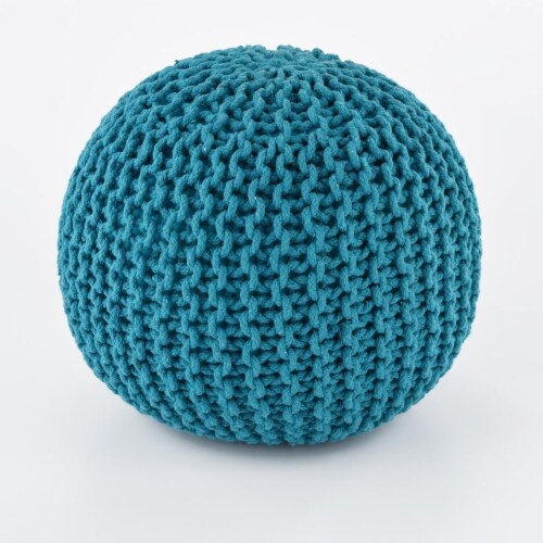 Peacock 15 x17  Gum Drop 100% Cotton Knitted Round Pouf Foot Stool Ottoman Perspective: front