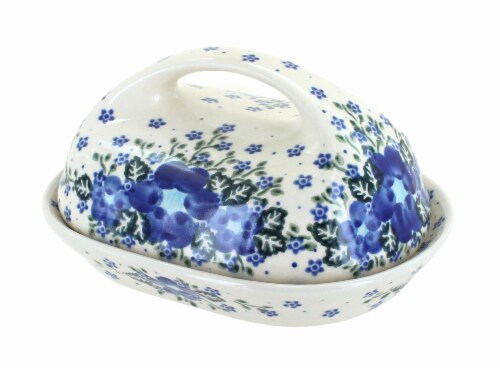 Blue Rose Polish Pottery Melanie Butter Dish Perspective: front