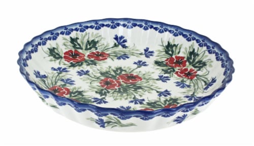 Blue Rose Polish Pottery Cherry Red Bouquet Pie Plate Perspective: front