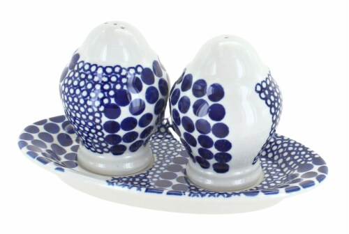 Blue Rose Polish Pottery Zara Salt & Pepper Shakers with Plate Perspective: front
