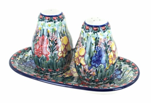 Blue Rose Polish Pottery Gladiolus Salt & Pepper Shakers with Tray Perspective: front