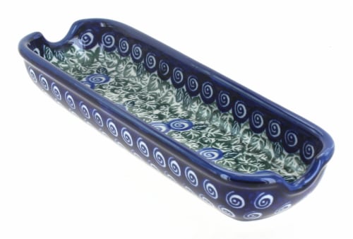 Blue Rose Polish Pottery Seaside Swirl Corn on the Cob Plate Perspective: front