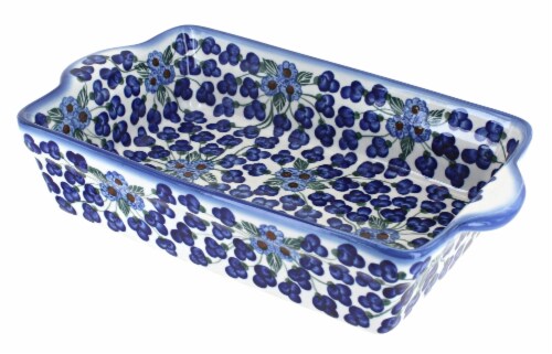 Blue Rose Polish Pottery Royal Vines Loaf Baker with Handles Perspective: front