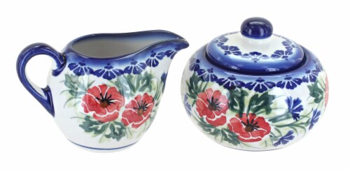 Blue Rose Polish Pottery Cherry Red Bouquet Sugar Bowl & Creamer Set Perspective: front