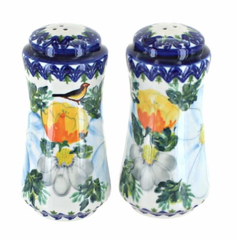 Blue Rose Polish Pottery Goldfinch Salt & Pepper Shakers Perspective: front