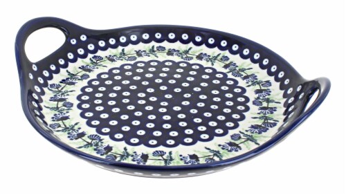Blue Rose Polish Pottery Sweet Annie Round Serving Tray with Handles Perspective: front