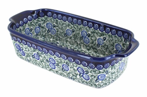 Blue Rose Polish Pottery Seaside Swirl Loaf Baker Perspective: front