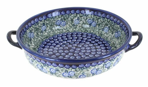 Blue Rose Polish Pottery Seaside Swirl Round Casserole with Handles Perspective: front