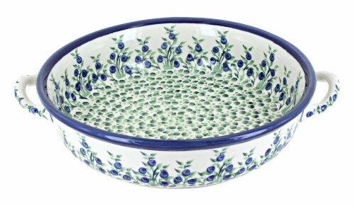 Blue Rose Polish Pottery Porcelain Vine Round Casserole with Handles Perspective: front