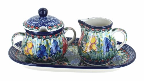 Blue Rose Polish Pottery Gladiolus Small Sugar & Creamer Set with Tray Perspective: front