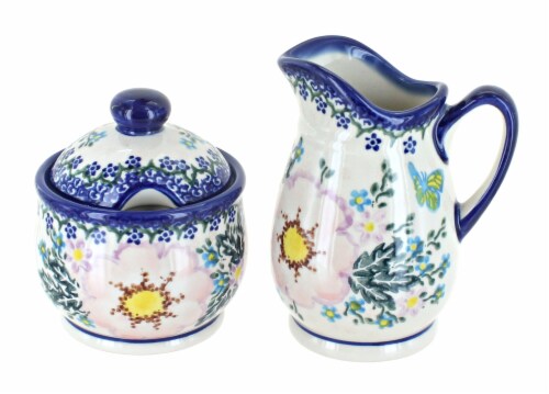 Blue Rose Polish Pottery Apple Blossom Cream & Sugar Set Perspective: front