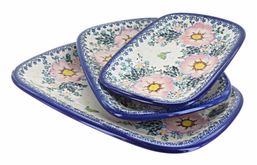 Blue Rose Polish Pottery Apple Blossom 3 Piece Rectangular Serving Set Perspective: front