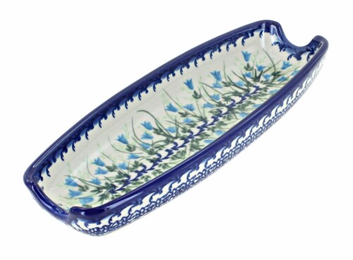 Blue Rose Polish Pottery Misty Corn on the Cob Dish Perspective: front