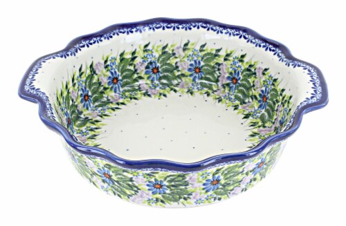 Blue Rose Polish Pottery Lavender Meadow Round Scallop Casserole Perspective: front