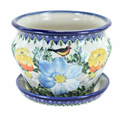 Blue Rose Polish Pottery Goldfinch Small Flower Pot Perspective: front
