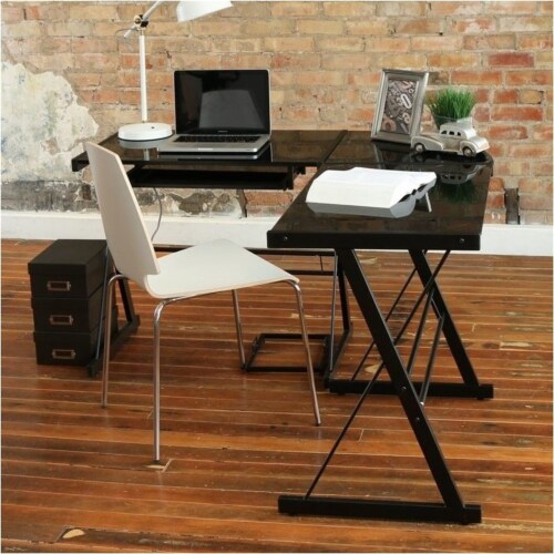 Pemberly Row Corner L Shaped Glass Top Computer Desk in Black 1