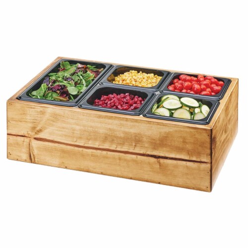 Cal Mil 3585-99 Madera Reclaimed Wood Salad Station with Clear Ice Liner & 5 Black Pans - 22 Perspective: front