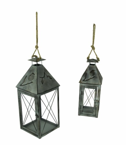 Vintage Grey Metal Bird On Branch Square Candle Lantern Set of 2 Perspective: front