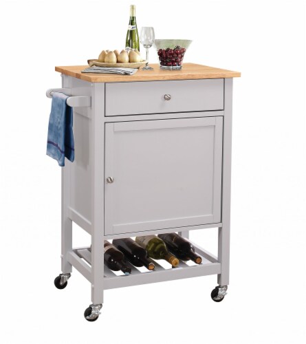 25" X 17" X 34" Natural And Gray Rubber Wood Kitchen Cart Perspective: front