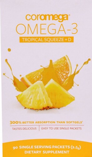 Coromega Omega 3 Plus D Tropical Squeeze Packets Perspective: front