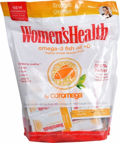 Coromega  Omega-3 Fish Oil + D Squeeze Shots   Tropical Orange Perspective: front