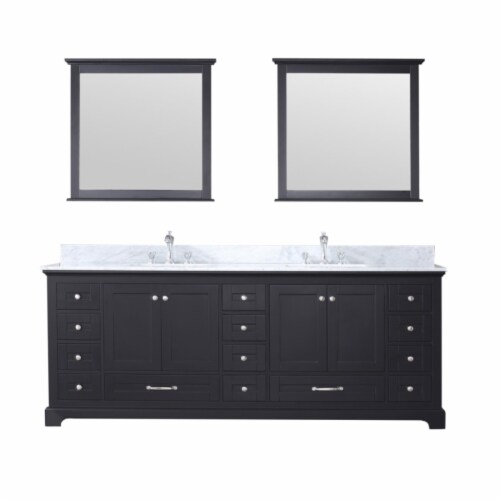 Dukes 84" Espresso Double Vanity, White Carrara Marble Top, White Square Sinks & 34" Mirrors Perspective: front