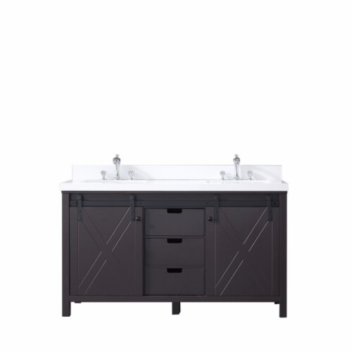 Marsyas 60" Brown Double Vanity, White Quartz Top, White Square Sinks and no Mirror Perspective: front