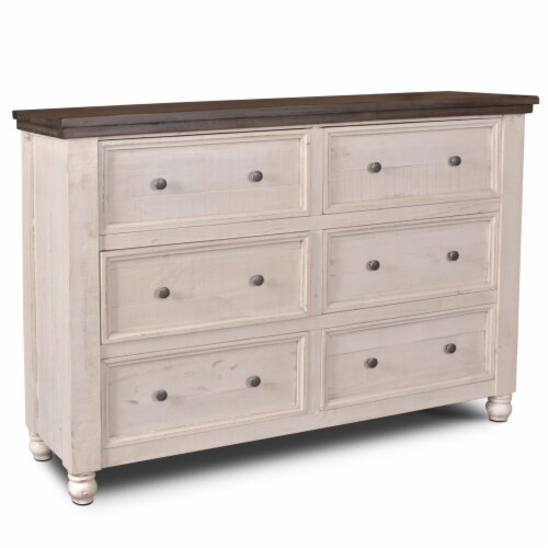 Rustic French 6 Drawer Double Dresser Distressed White And Brown