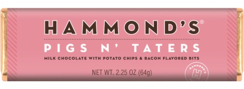 Hammond's® Pigs n' Taters Milk Chocolate Bar With Crispy Bacon Bits and Potato Chips Perspective: front