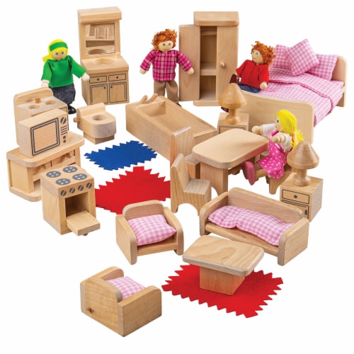 Bigjigs Toys, Wooden Doll Family and Furniture Playset Perspective: front