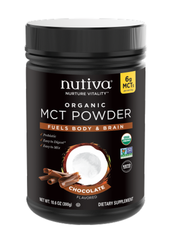Nutiva MCT Powder with Prebiotic Acacia Fiber Chocolate Dietary Supplement Perspective: front