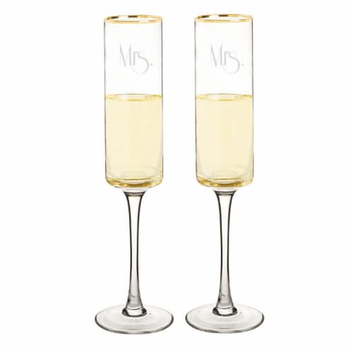 Cathys Concepts Mrs. & Mrs. 8 oz. Gatsby Gold Rim Contemporary Champagne Flutes Perspective: front