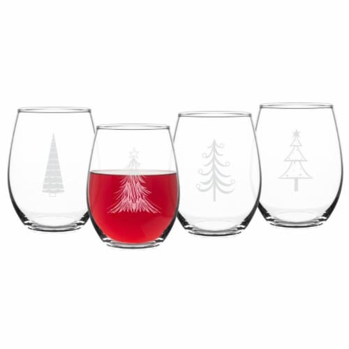 Cathys Concepts 11.75 in. Holiday Trees Stemless Wine Glasses Set of 4 Perspective: front