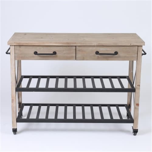 Luxen Home Two Drawer Wood Kitchen Cart with Metal Rack Open Storage Perspective: front
