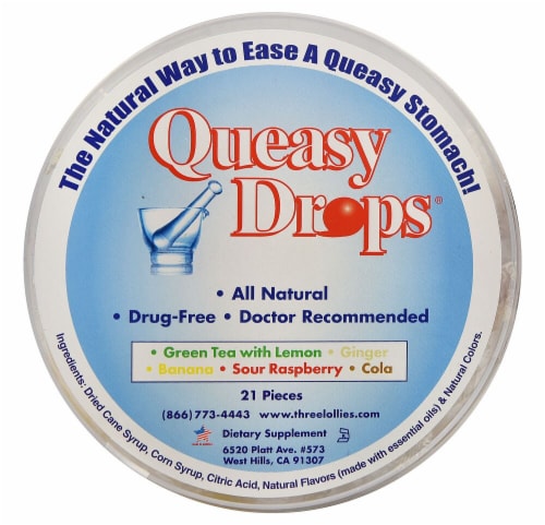 Three Lollies  Queasy Drops   Cola Ginger Sour Raspberry Green Tea Perspective: front