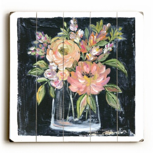 One Bella Casa 86020PW1313 13 x 13 in. Peach Floral Bouquet Pink Planked Wood Wall Decor Perspective: front