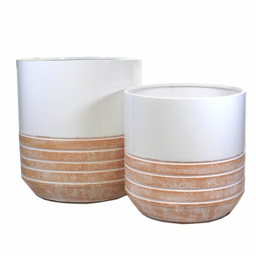 Home Decor White & Terracotta Stripe Planters Metal Enamel Indoor Cb173709 Perspective: front