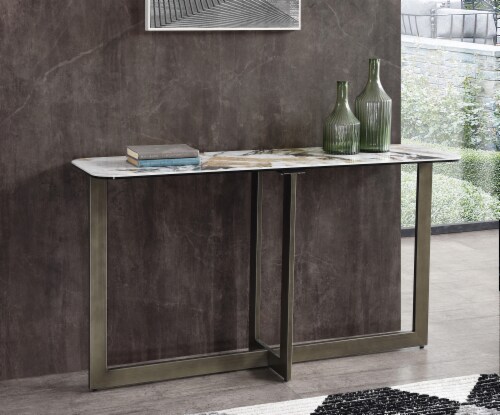 Nola Console, 6mm Glass + 6mm Ceramic White, Black & Gold Marbolized Top, Bronze Brushed M Perspective: front