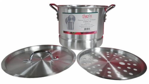 Sazon Aluminum Stock Pot with Steamer - Silver Perspective: front