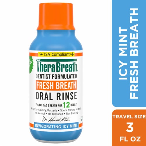 TheraBreath Fresh Breath Mouthwash Travel Size Icy Mint Alcohol-Free Perspective: front